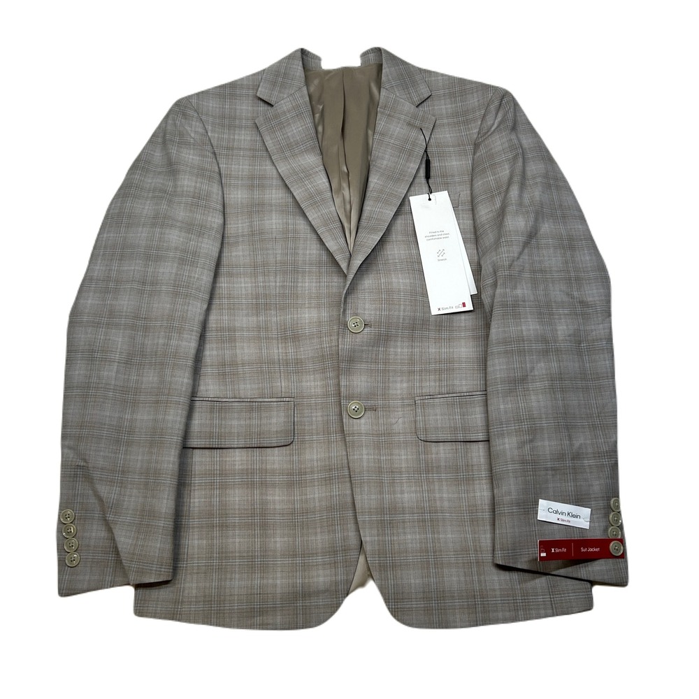 Calvin Klein Slim Fit Sport Coat Mens 36S 36 Light Tan Plaid Stretch‎ Wool $450